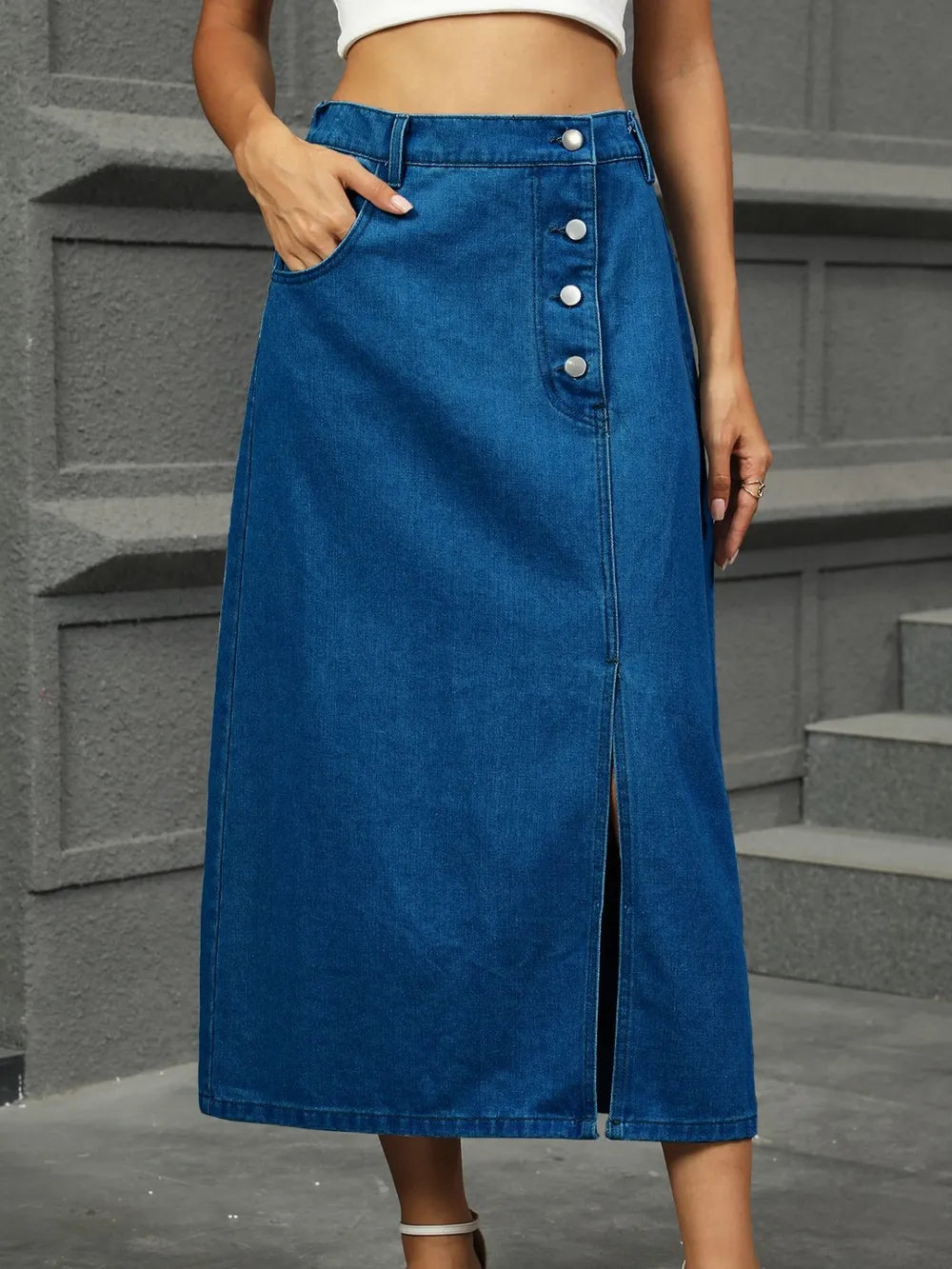 Slit Button Detail Denim Midi Skirt - Les secrets de Cath