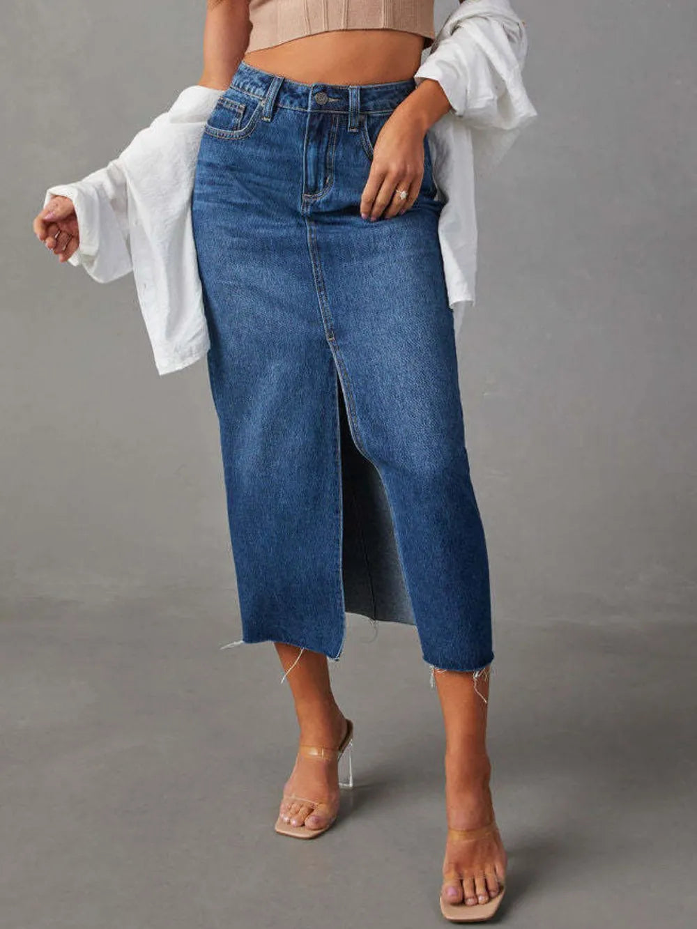 Raw Hem Front Slit Denim Midi Skirt - Les secrets de Cath