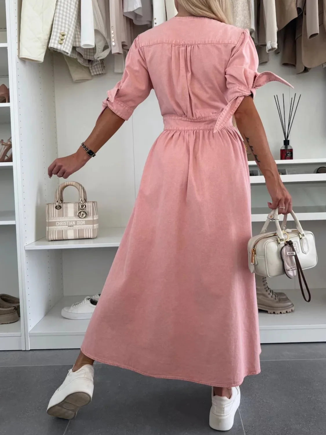 Button Front V-Neck Half Sleeve Denim Dress - Les secrets de Cath