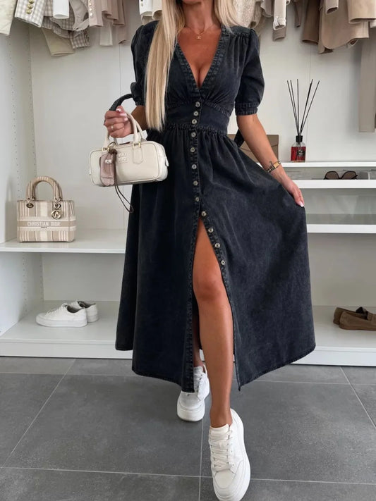 Button Front V-Neck Half Sleeve Denim Dress - Les secrets de Cath