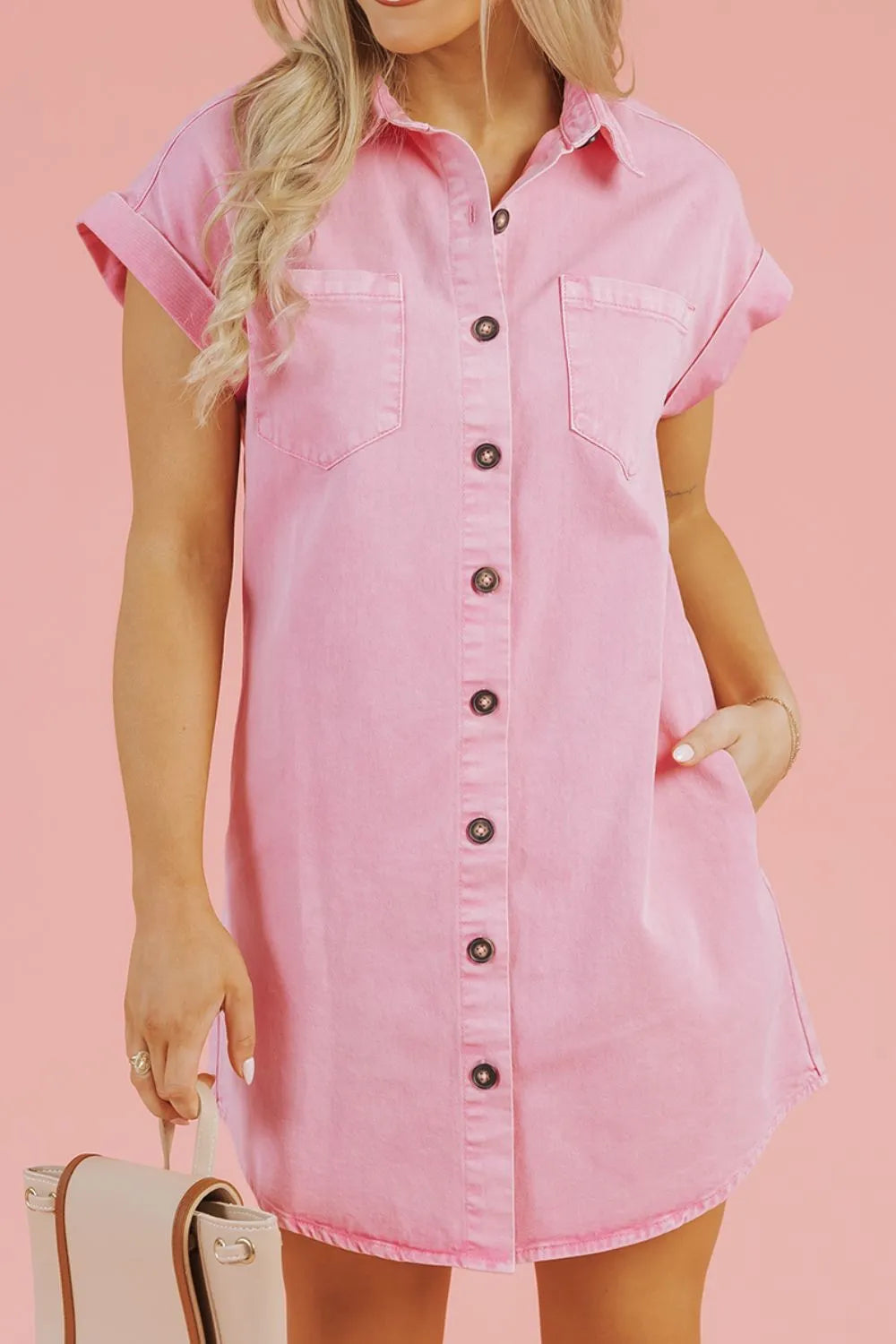 Button Down Short Sleeve Denim Dress - Les secrets de Cath