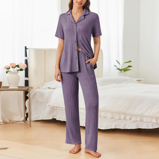 Button Down Long Sleeve Top and Pants Lounge Set - Les secrets de Cath