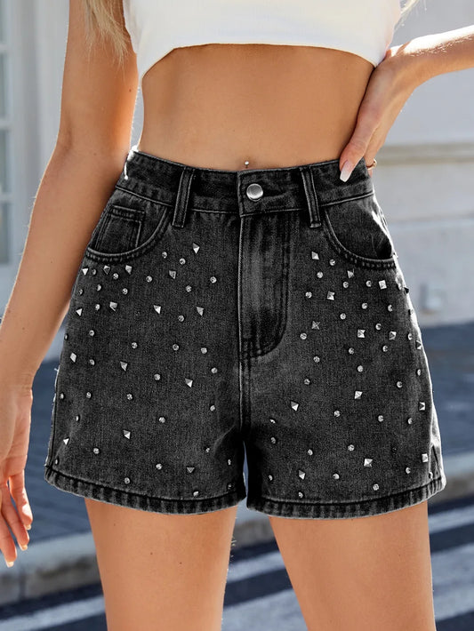 Rhinestone Washed High Waist Denim Shorts - Les secrets de Cath