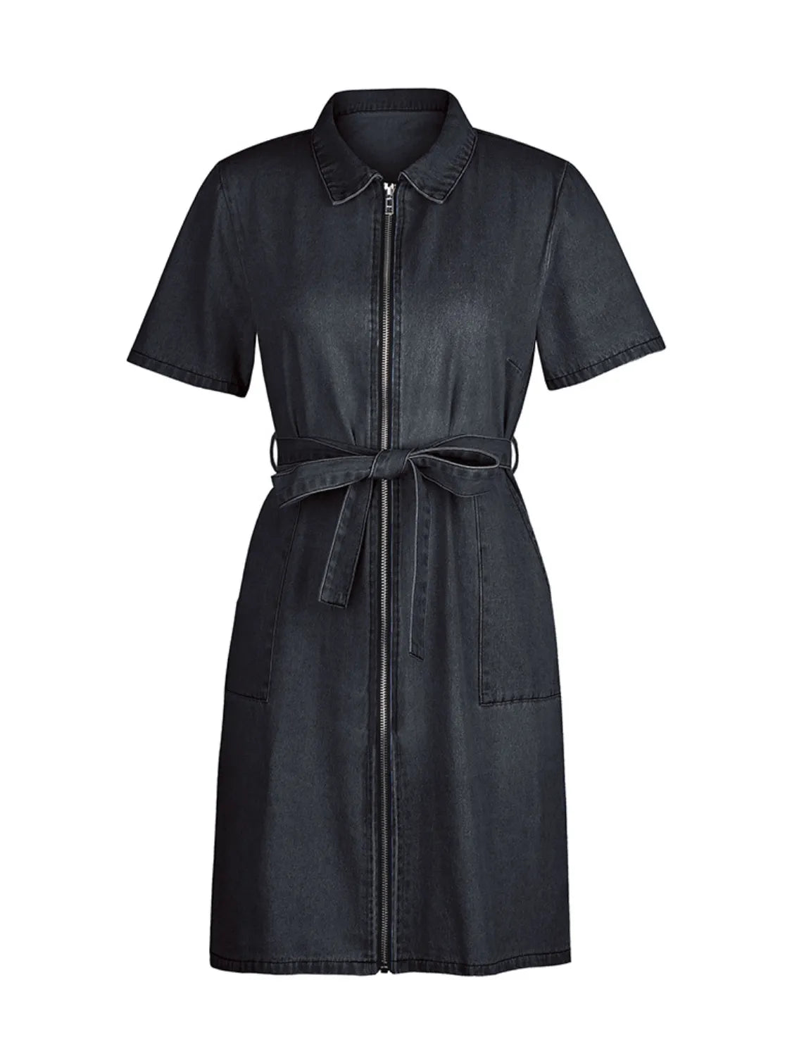 Full Size Zip Front Short Sleeve Denim Dress Plus Size - Les secrets de Cath