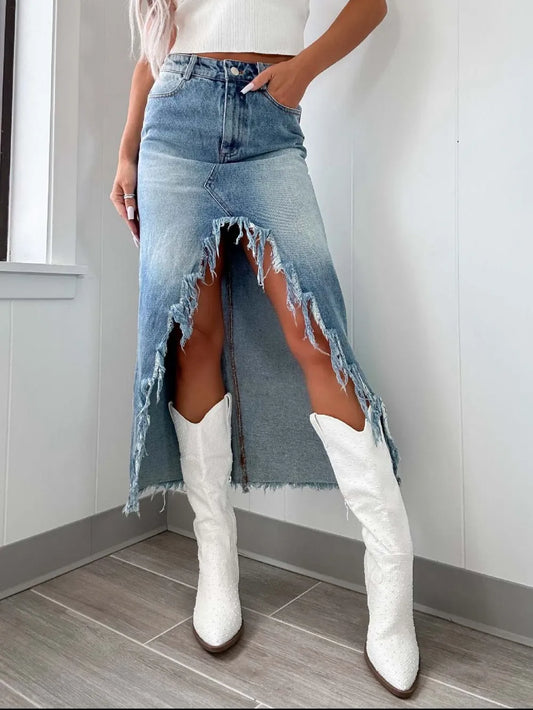 High-Waist Raw Hem Asymmetry Denim Skirt - Les secrets de Cath