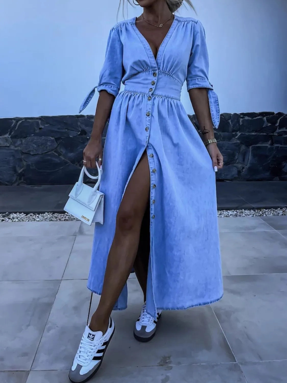 Button Front V-Neck Half Sleeve Denim Dress - Les secrets de Cath