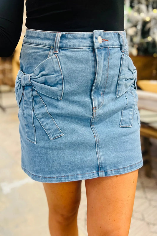 Acid Wash Bowknot Details High Waist Denim Skirt - Les secrets de Cath