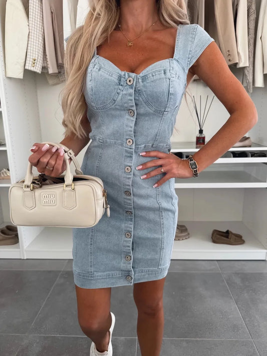 Sweetheart Neck Cap Sleeve Denim Dress - Les secrets de Cath