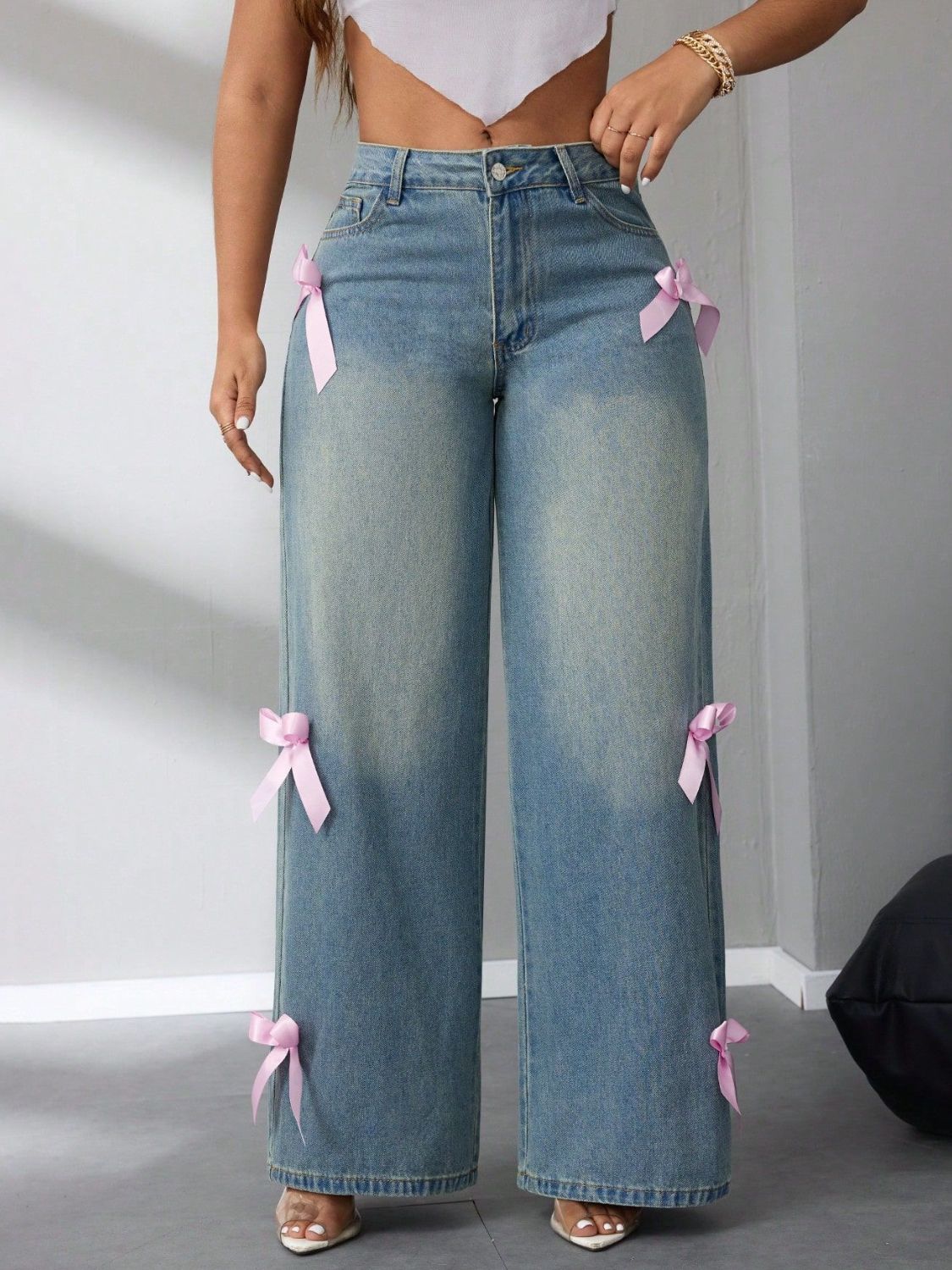 Jean taille haute à jambes larges avec nœud - Les secrets de Cath