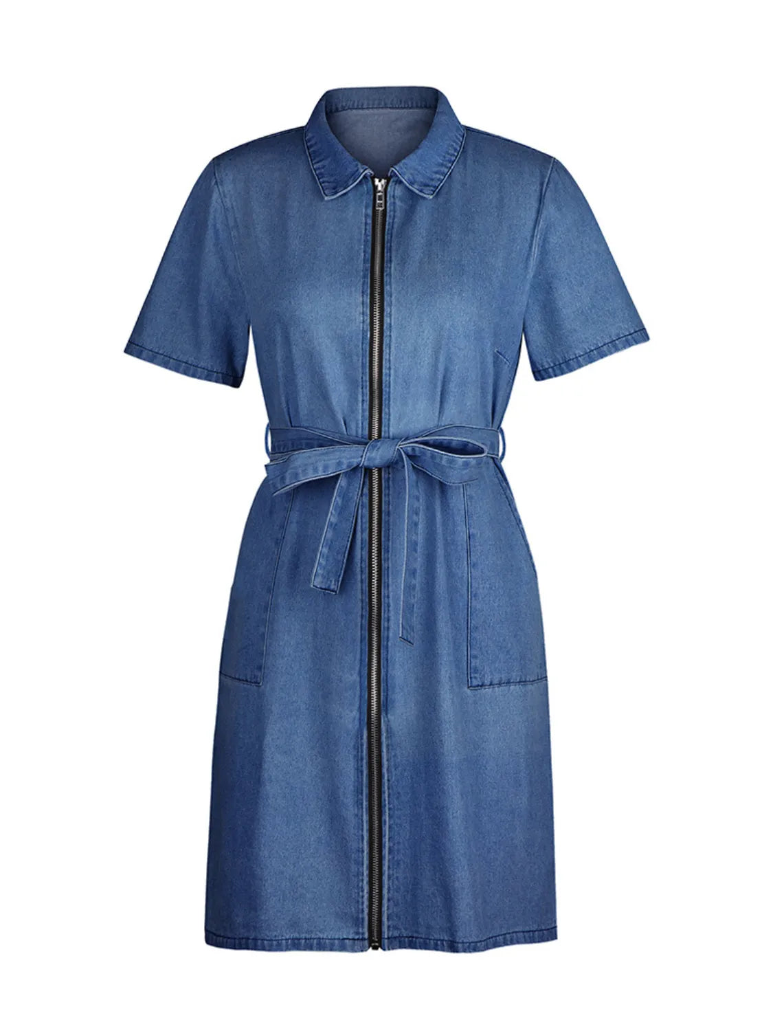 Full Size Zip Front Short Sleeve Denim Dress Plus Size - Les secrets de Cath