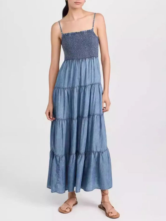 Smocked Square Neck Tiered Denim Cami Dress with Adjustable Shoulder Straps - Les secrets de Cath