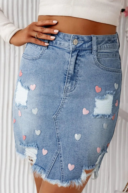 Distressed Raw Hem Heart Denim Skirt - Les secrets de Cath