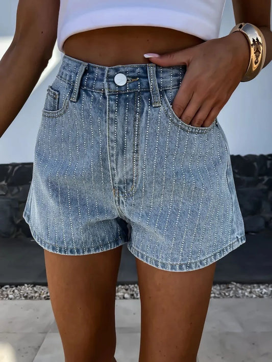 Rhinestone High Rise Denim Shorts - Les secrets de Cath