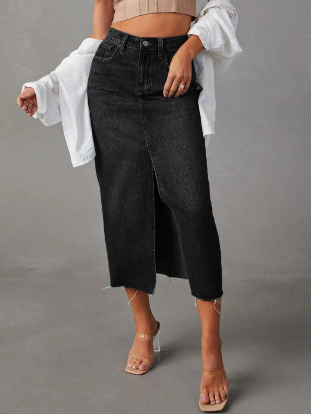 Raw Hem Front Slit Denim Midi Skirt - Les secrets de Cath