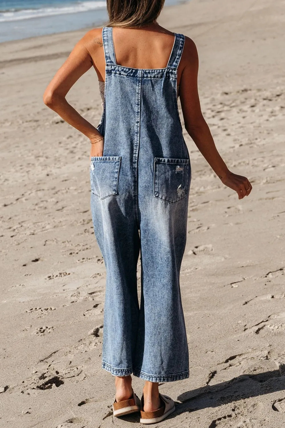 Distressed Bib Pocket Wide Leg Denim Overalls - Les secrets de Cath