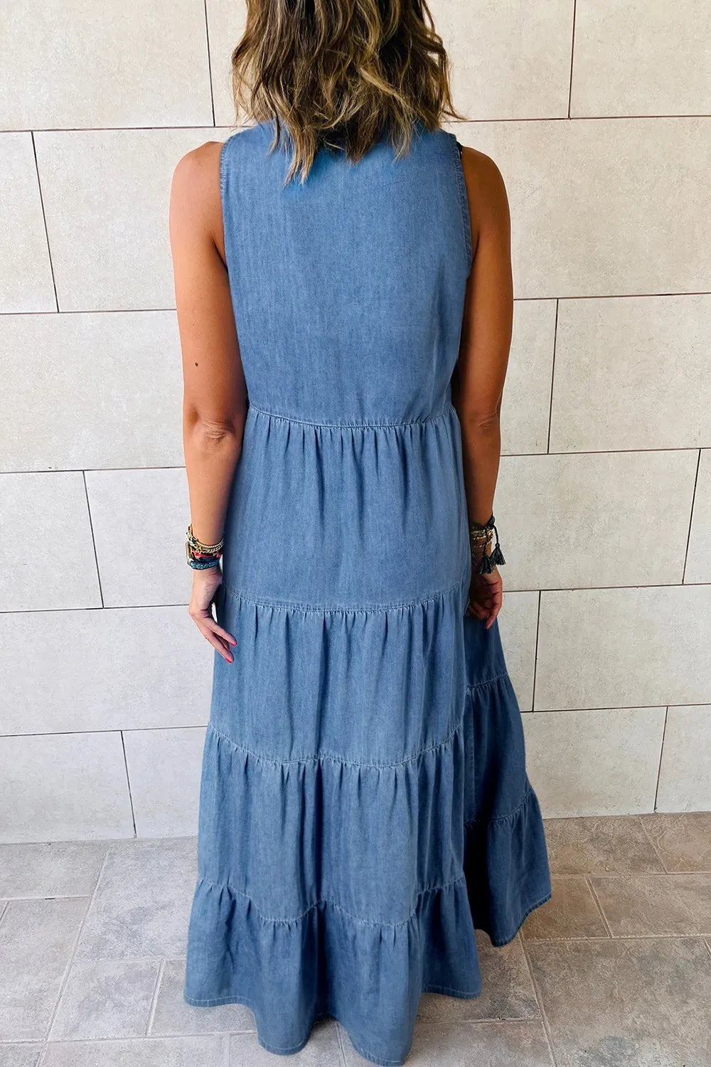 Tie Neck Tiered Maxi Denim Dress - Les secrets de Cath
