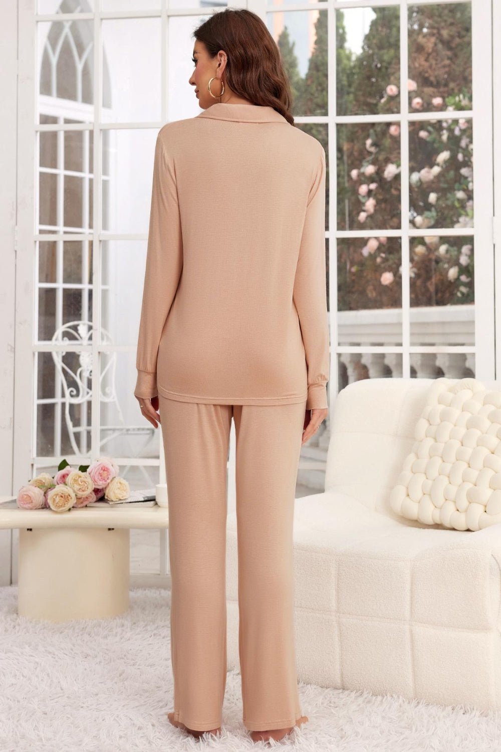 Button Up Long Sleeve Top and Pants Lounge Set - Les secrets de Cath