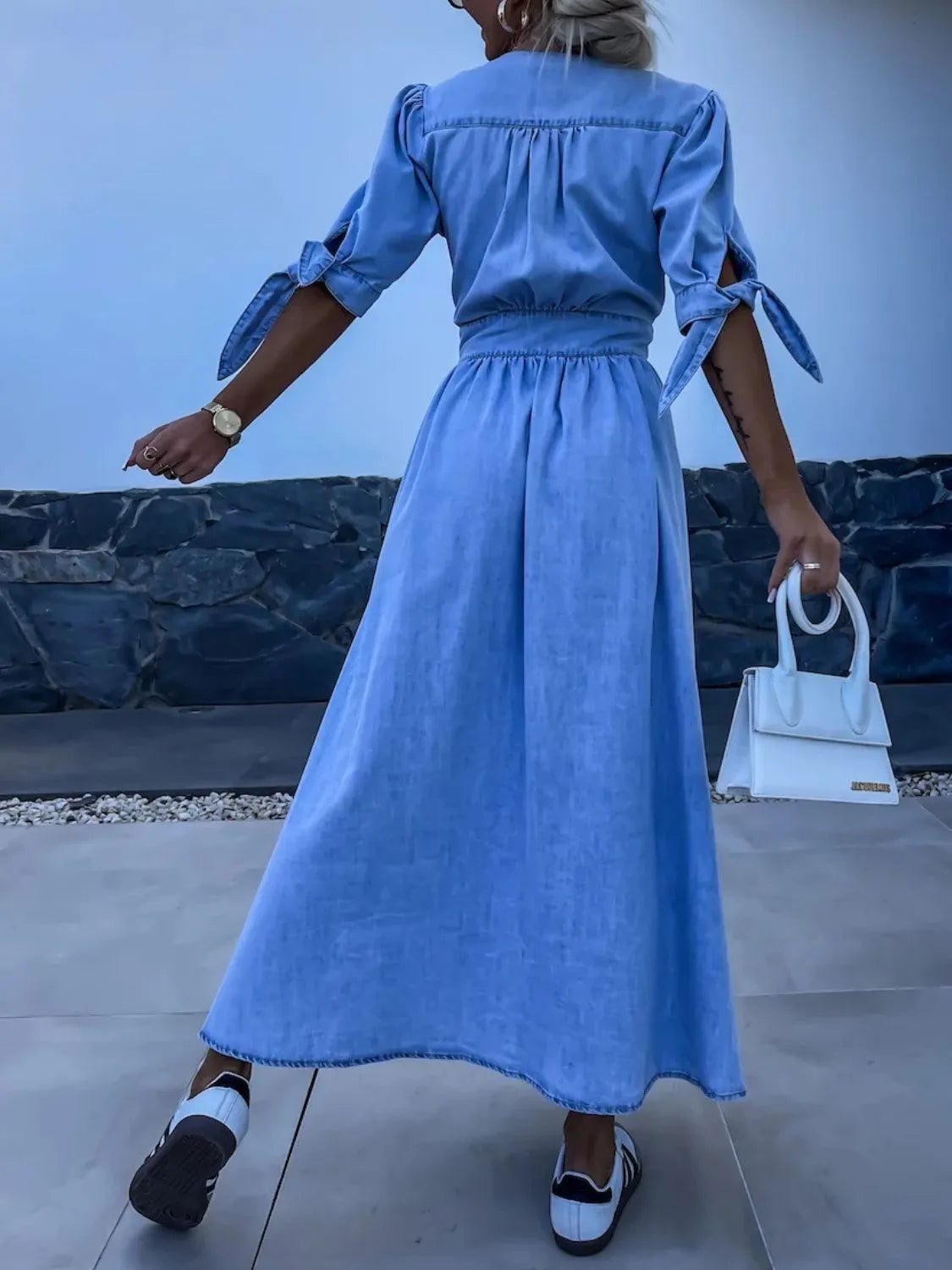 Button Front V-Neck Half Sleeve Denim Dress - Les secrets de Cath