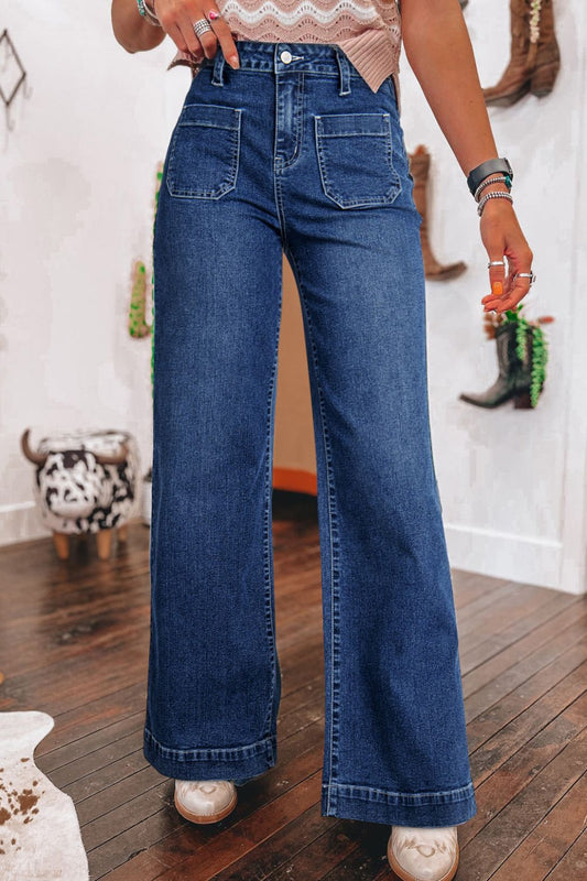Jean large taille haute avec poche plaquée sur le devant - Les secrets de Cath