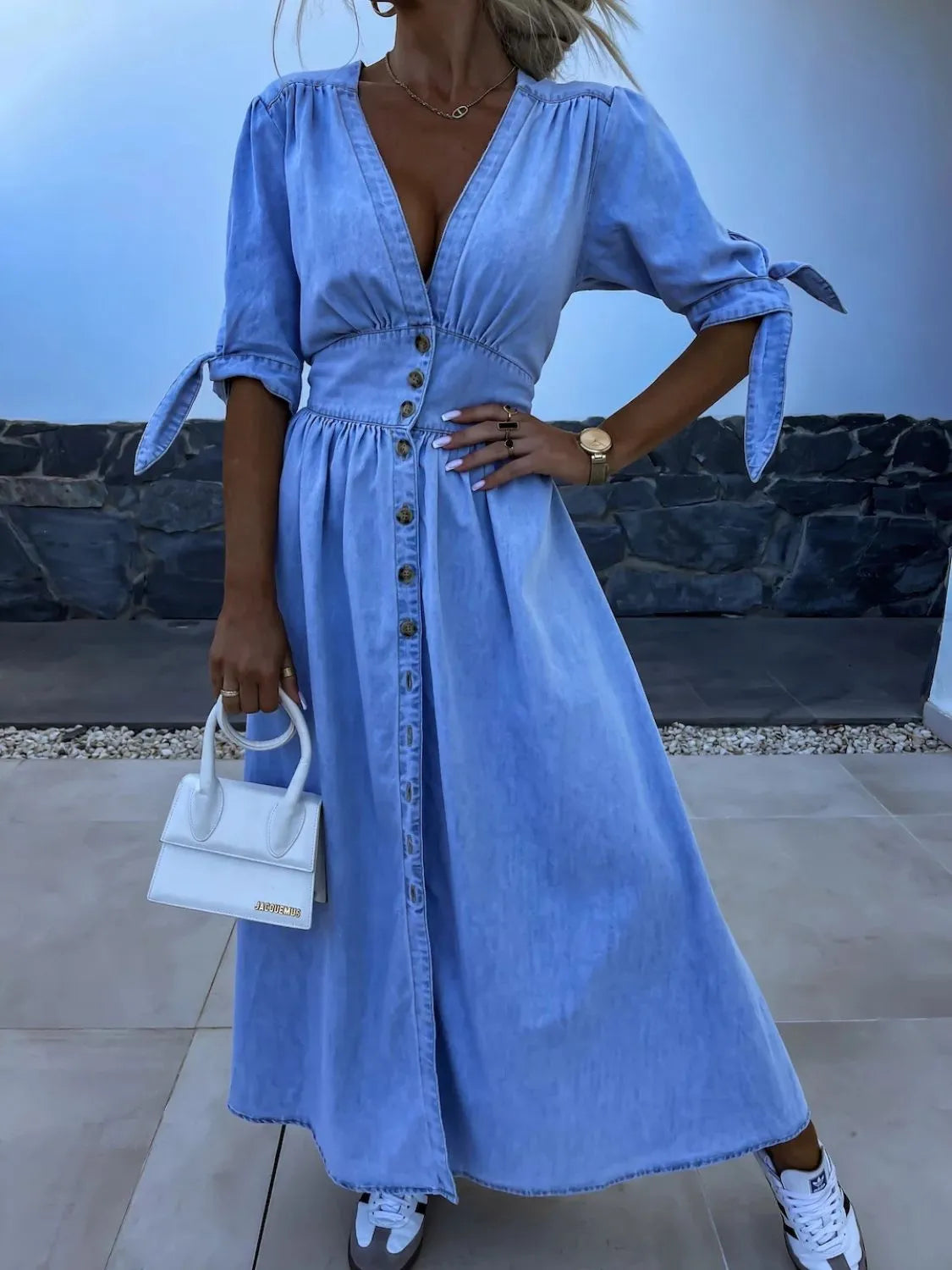 Button Front V-Neck Half Sleeve Denim Dress - Les secrets de Cath