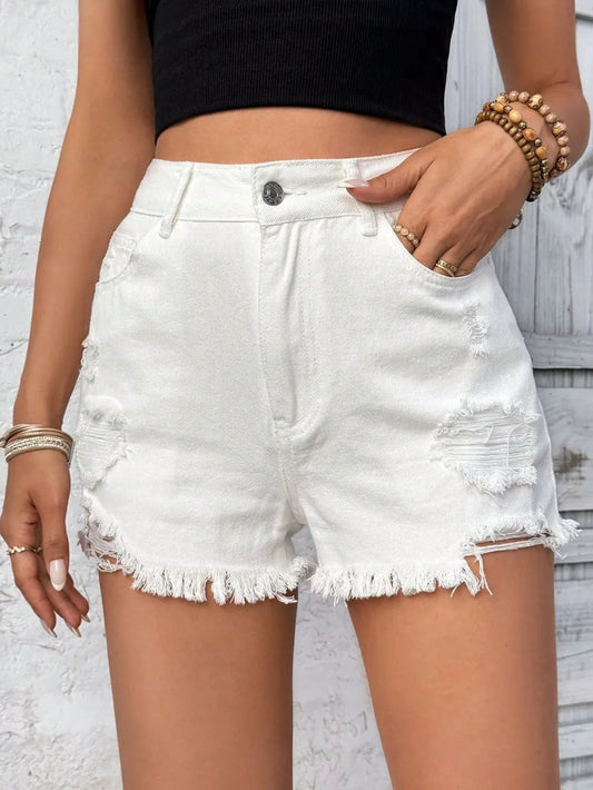 Distressed Raw Hem High Rise Denim Shorts - Les secrets de Cath