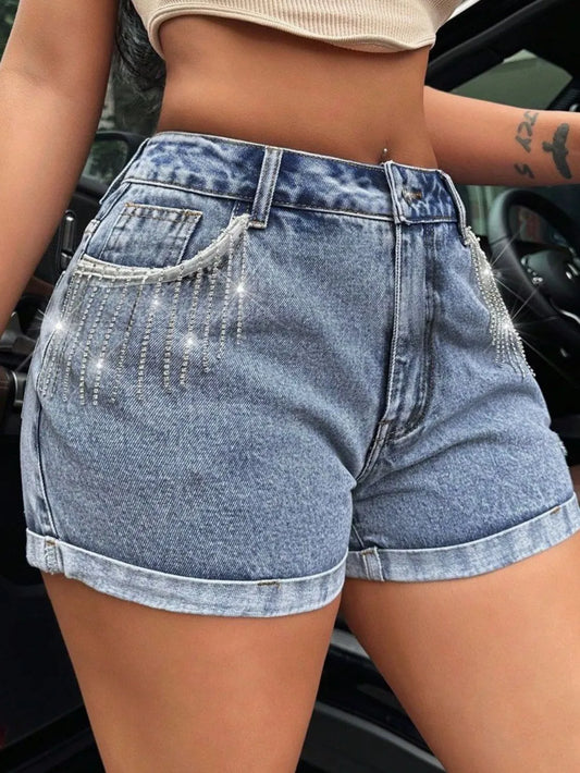 Rhinestone Fringe Denim Shorts - Les secrets de Cath