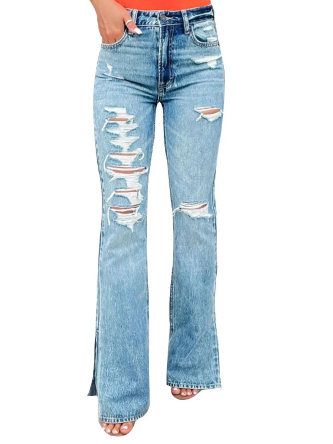 Jean bootcut fendu effet usé - Les secrets de Cath