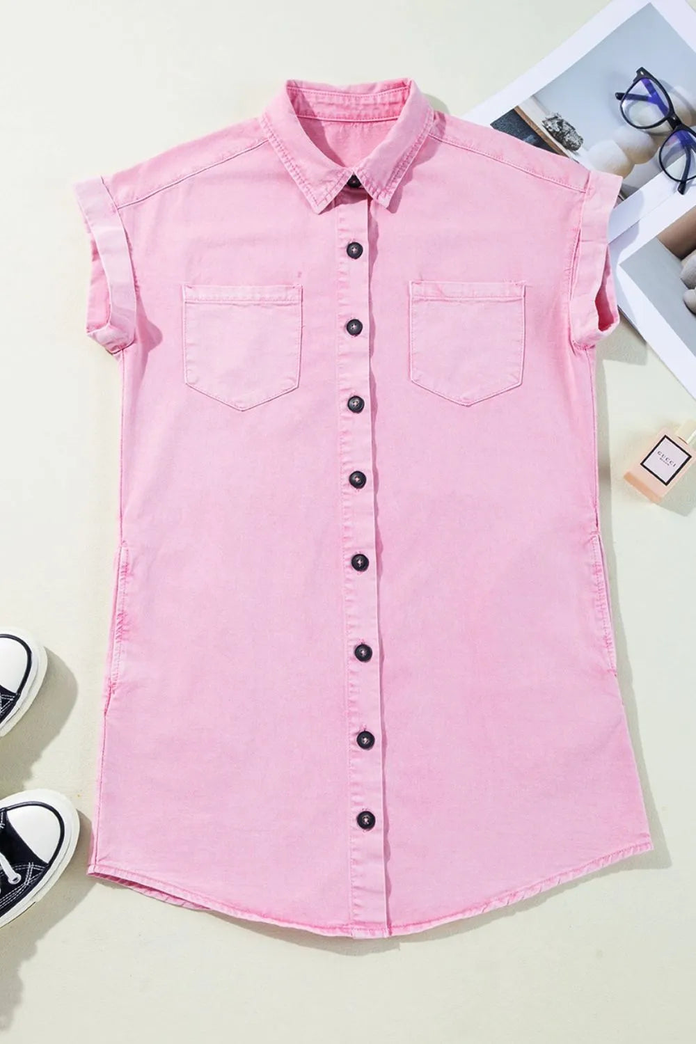 Button Down Short Sleeve Denim Dress - Les secrets de Cath