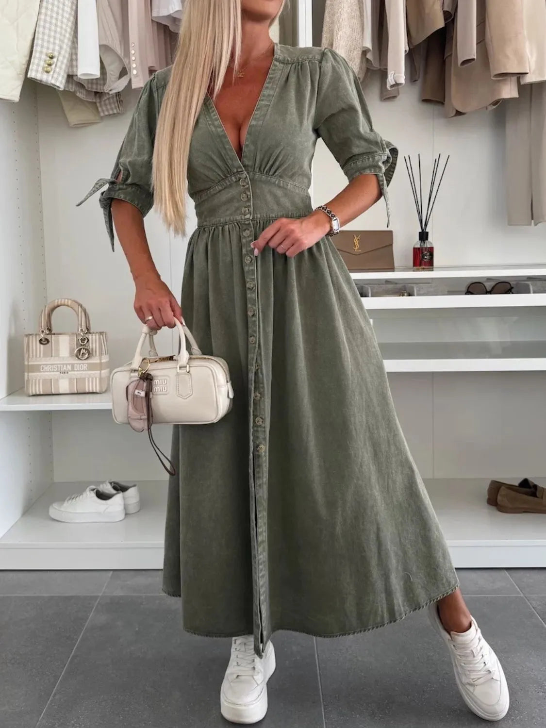 Button Front V-Neck Half Sleeve Denim Dress - Les secrets de Cath