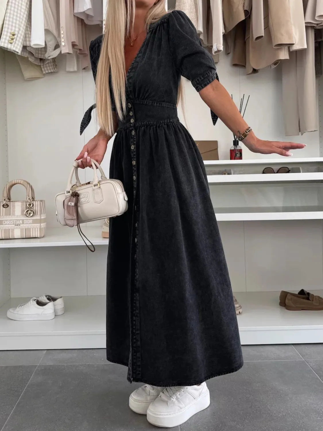 Button Front V-Neck Half Sleeve Denim Dress - Les secrets de Cath