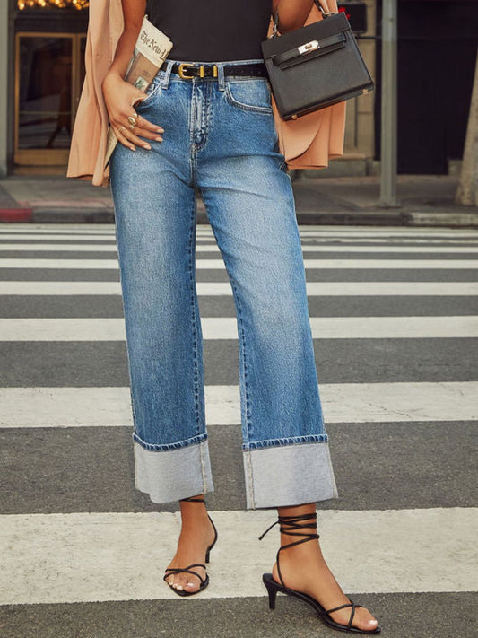 Jean taille haute à jambe droite et retroussé - Les secrets de Cath