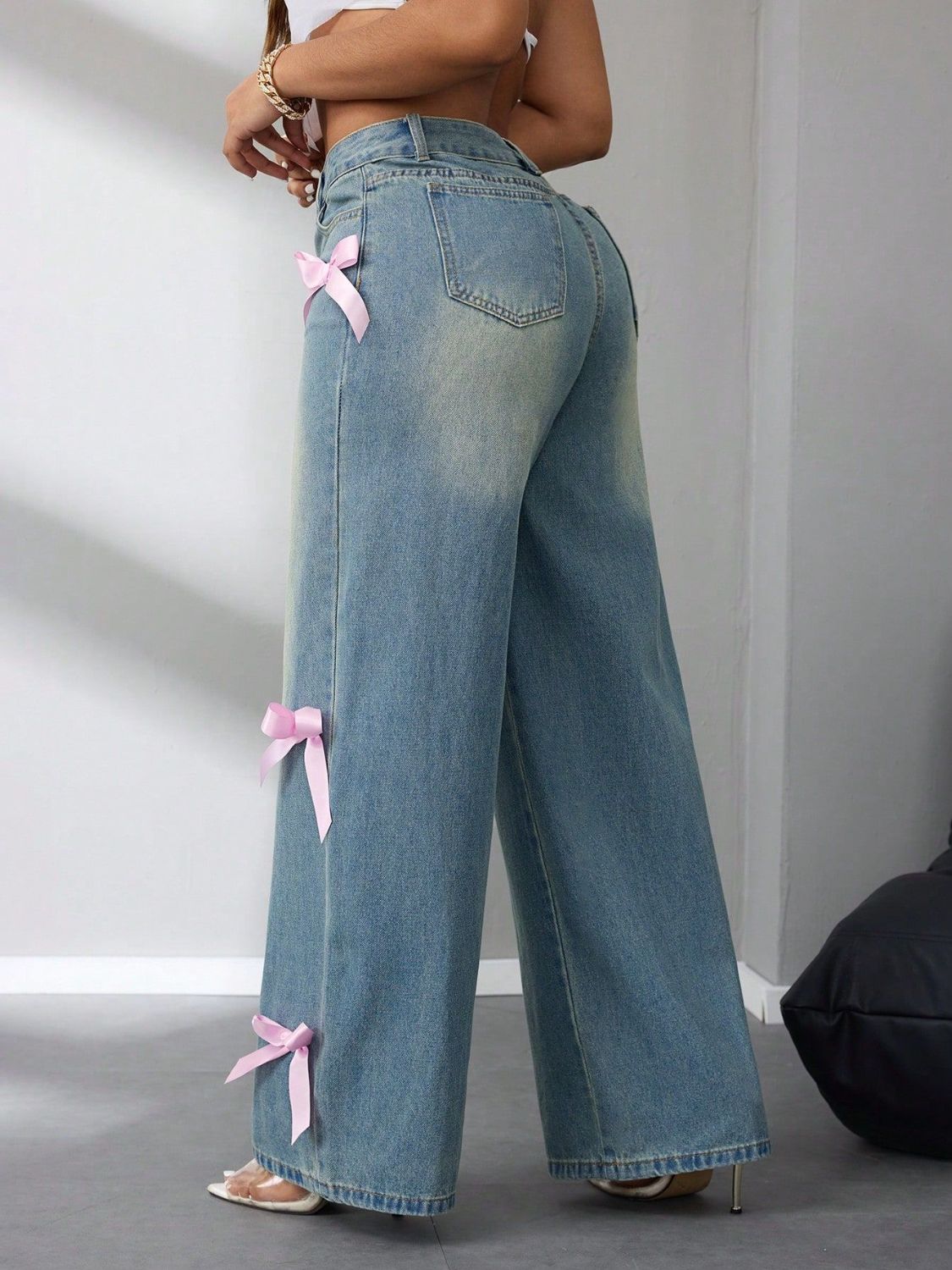 Jean taille haute à jambes larges avec nœud - Les secrets de Cath