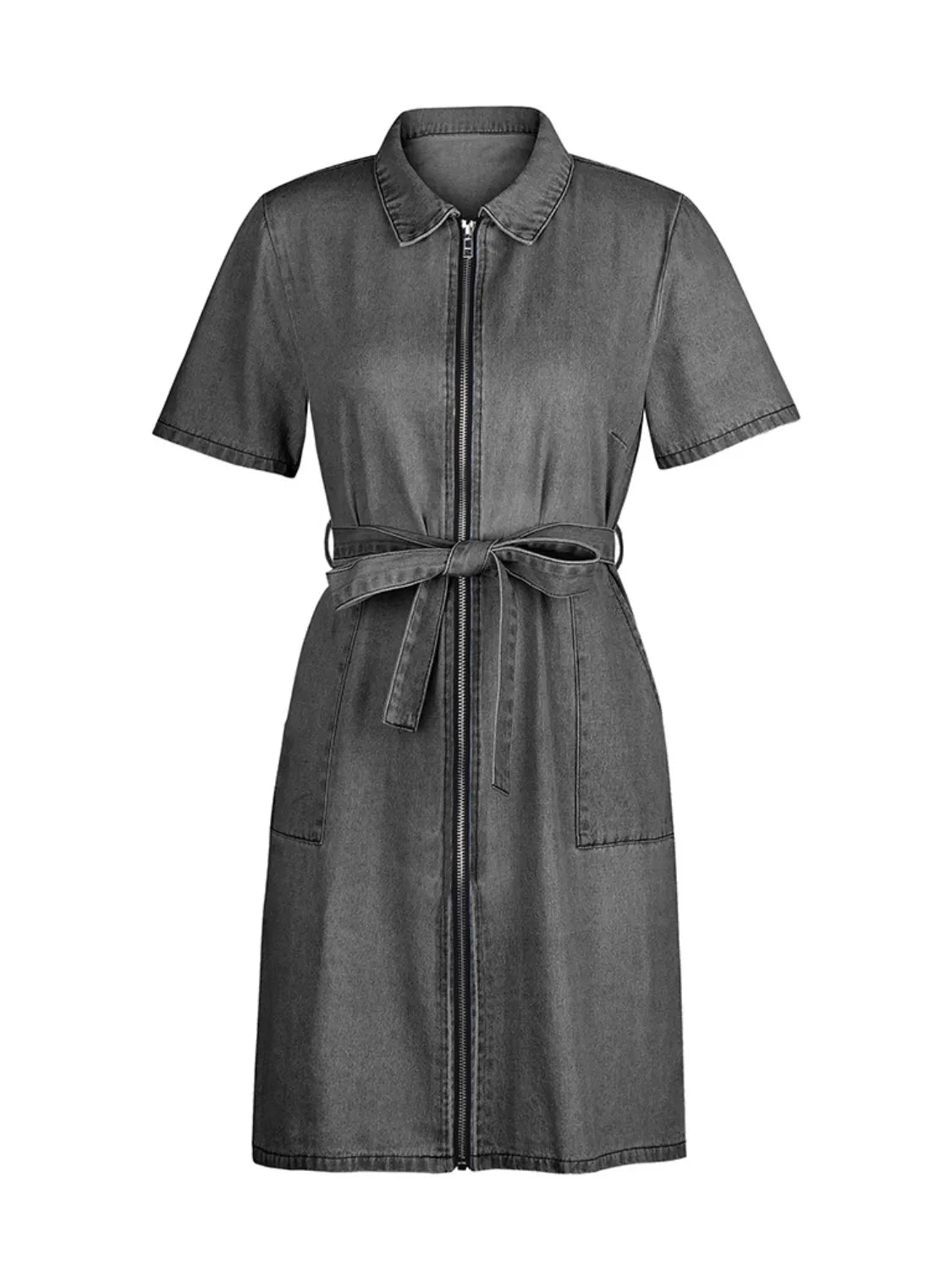 Full Size Zip Front Short Sleeve Denim Dress Plus Size - Les secrets de Cath