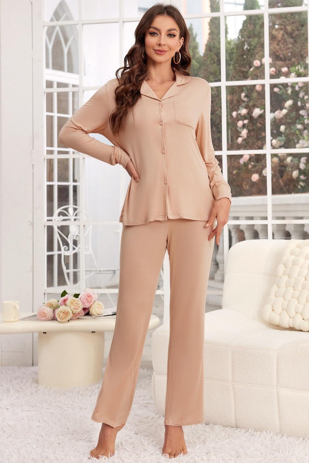 Button Up Long Sleeve Top and Pants Lounge Set - Les secrets de Cath