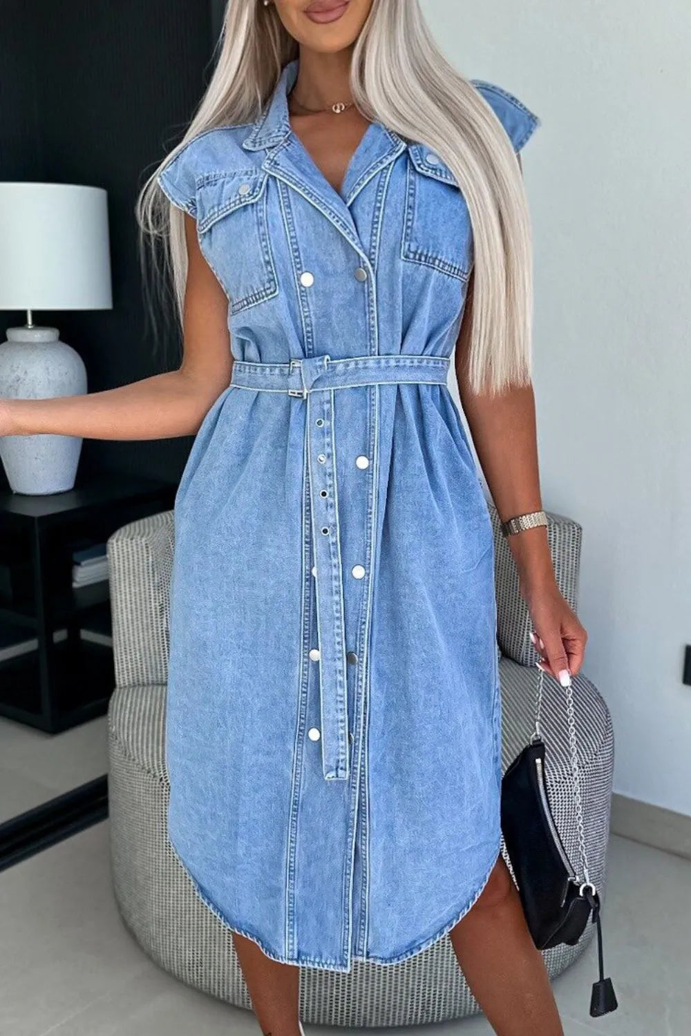 Button Front Denim Dress with Pockets - Les secrets de Cath