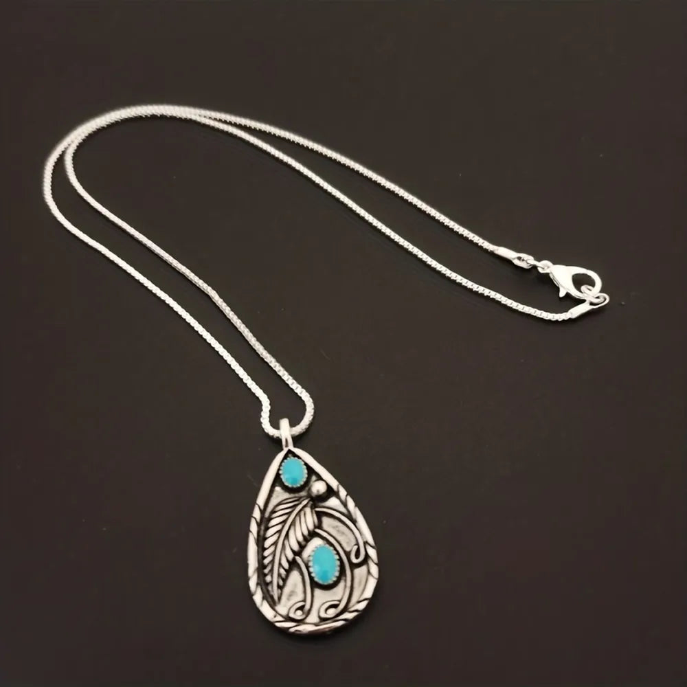 Collier avec pendentif en forme de larme en alliage de turquoise artificielle - Les secrets de Cath