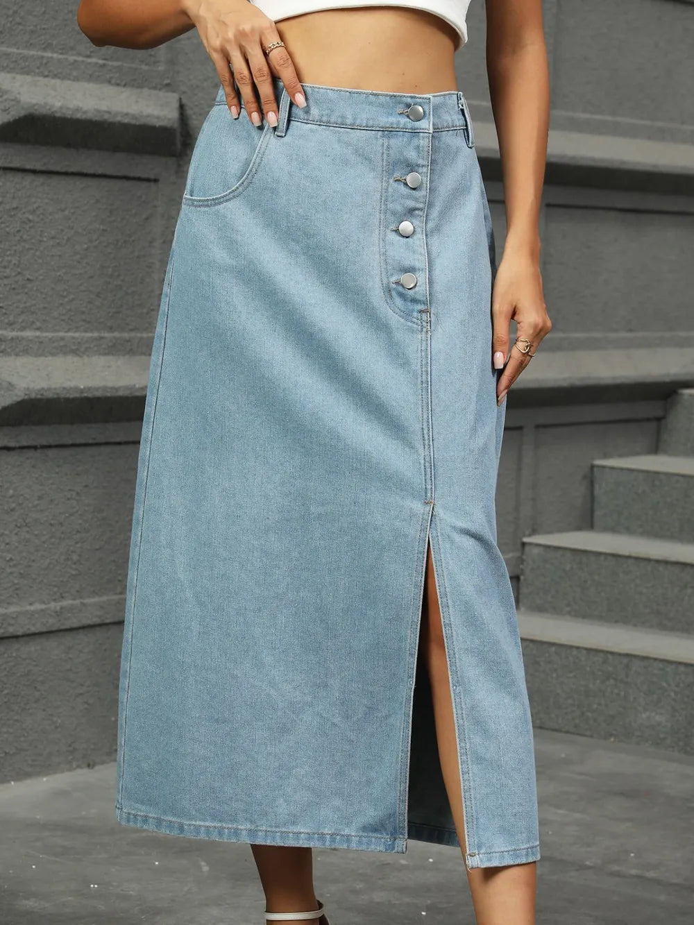 Slit Button Detail Denim Midi Skirt - Les secrets de Cath