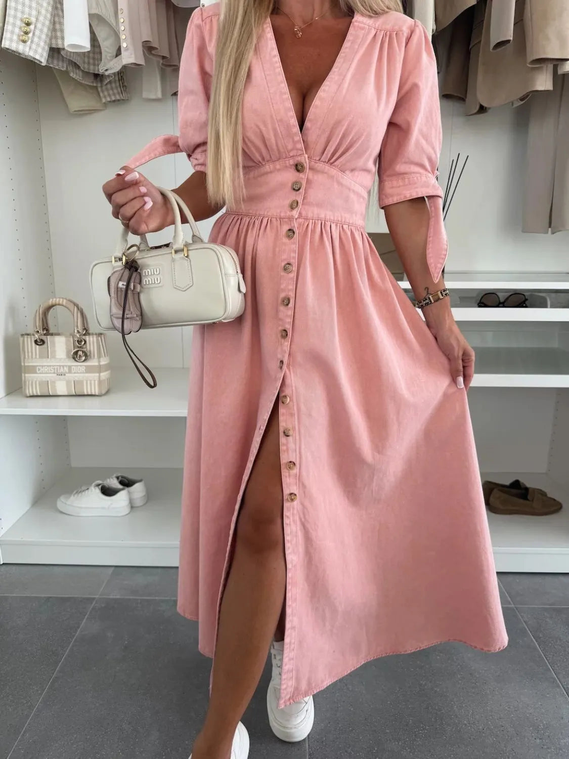 Button Front V-Neck Half Sleeve Denim Dress - Les secrets de Cath