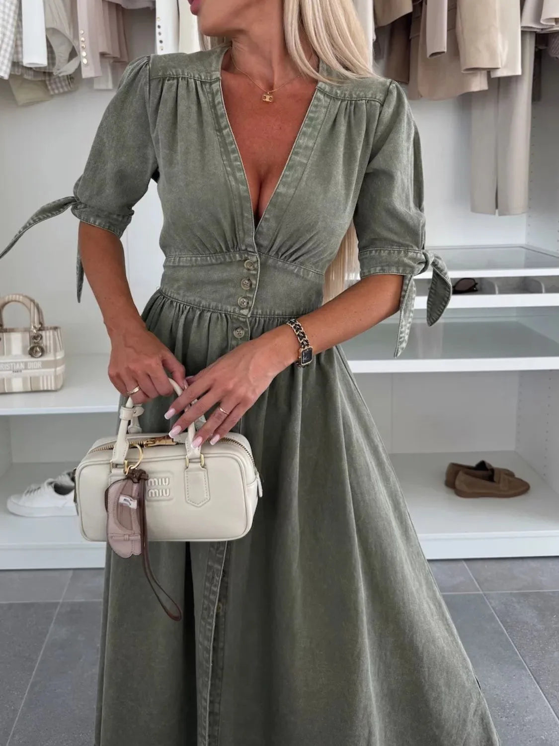 Button Front V-Neck Half Sleeve Denim Dress - Les secrets de Cath