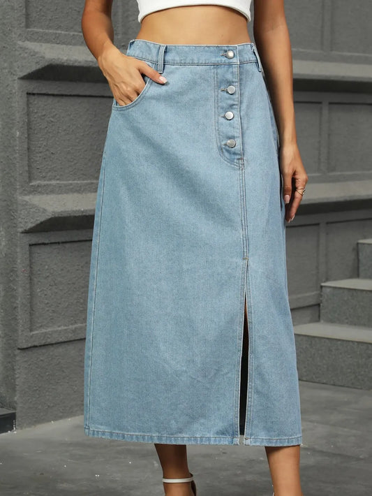 Slit Button Detail Denim Midi Skirt - Les secrets de Cath