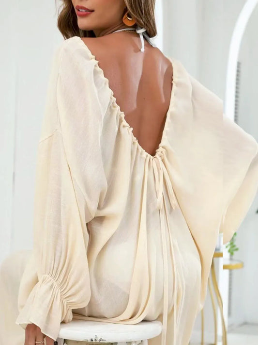 Backless Drawstring Back Flounce Sleeve Cover-Up - Les secrets de Cath