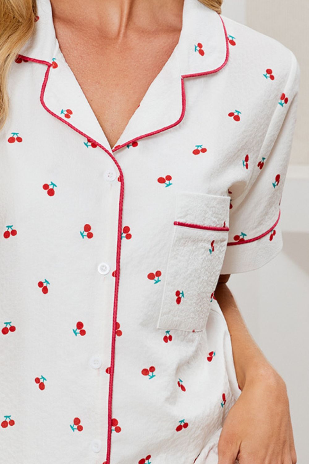 Cheery Print Collared Neck Top and Shorts Lounge Set - Les secrets de Cath