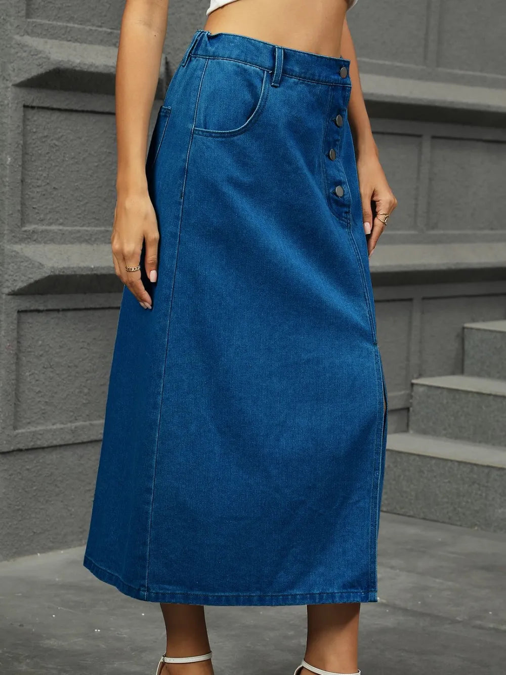 Slit Button Detail Denim Midi Skirt - Les secrets de Cath