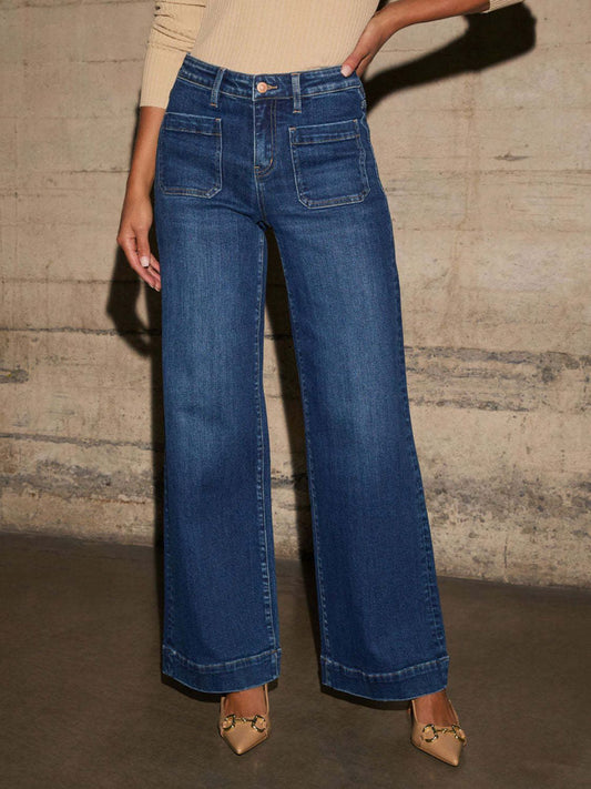 Jean large taille haute avec poche plaquée sur le devant - Les secrets de Cath