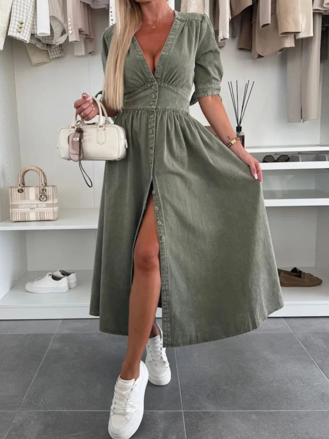 Button Front V-Neck Half Sleeve Denim Dress - Les secrets de Cath
