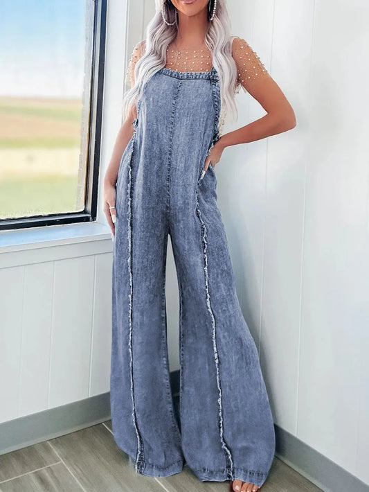 Exposed Seam Washed Wide Leg Denim Overalls - Les secrets de Cath