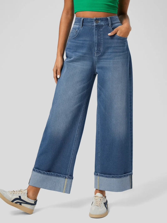 Jean taille haute à jambe droite et retroussée - Les secrets de Cath