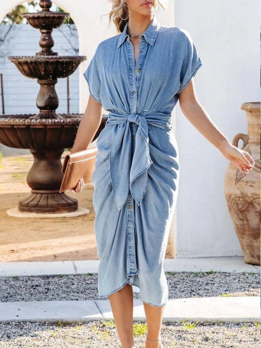 Collared Neck Tie Waist Short Sleeve Denim Dress - Les secrets de Cath