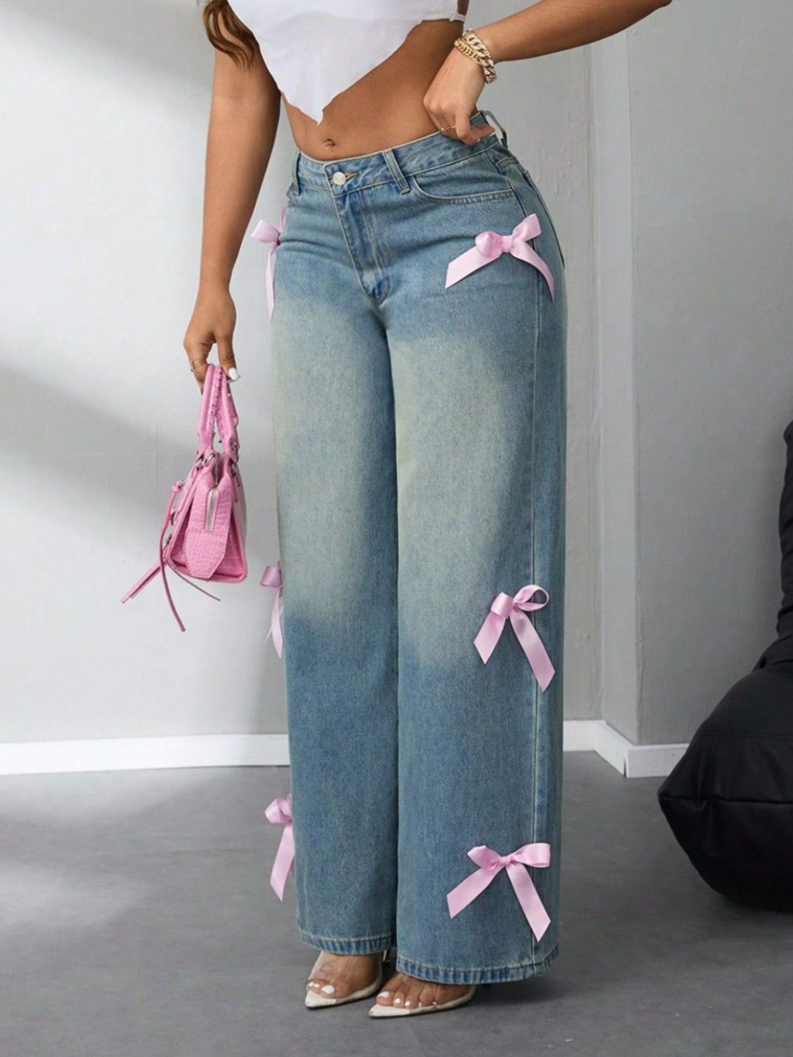 Jean taille haute à jambes larges avec nœud - Les secrets de Cath