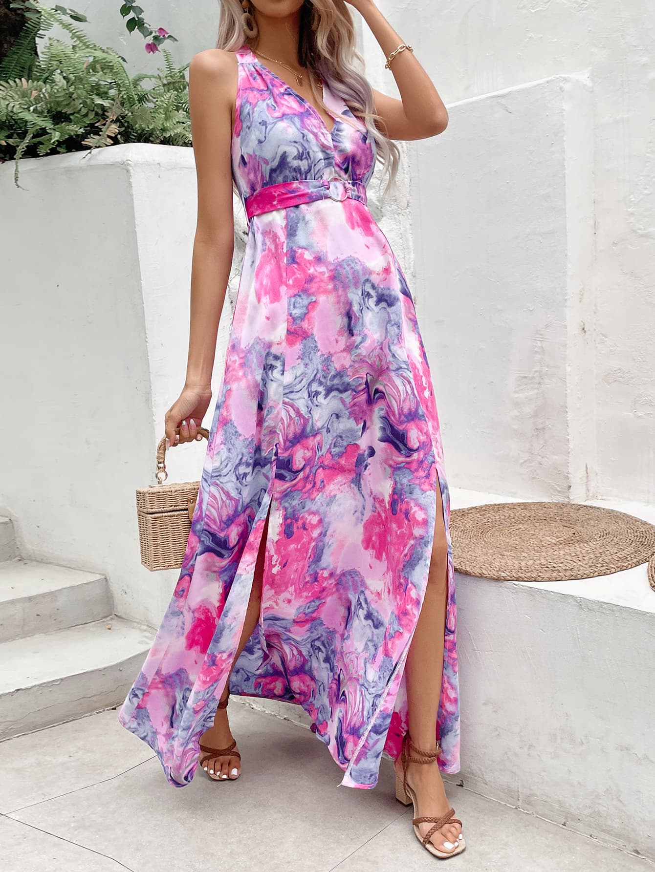 Robe sans manches fendue dans le dos, imprimée miel - Les secrets de Cath